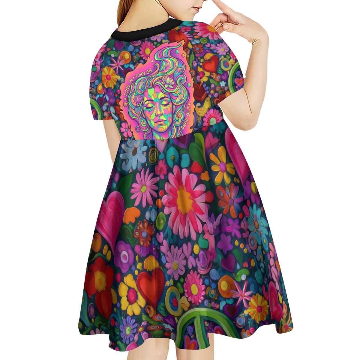 Psychedelic Visionary Woman Hippie Kid Short Sleeve Dress Tune In, Turn On, Drop Out - Flower Power Awakening
