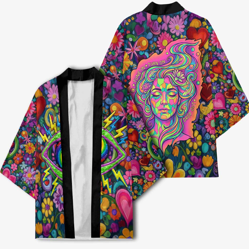 Psychedelic Visionary Woman Hippie Kimono Tune In, Turn On, Drop Out - Flower Power Awakening