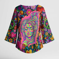 Psychedelic Visionary Woman Hippie Kimono Sleeve Blouse Tune In, Turn On, Drop Out - Flower Power Awakening