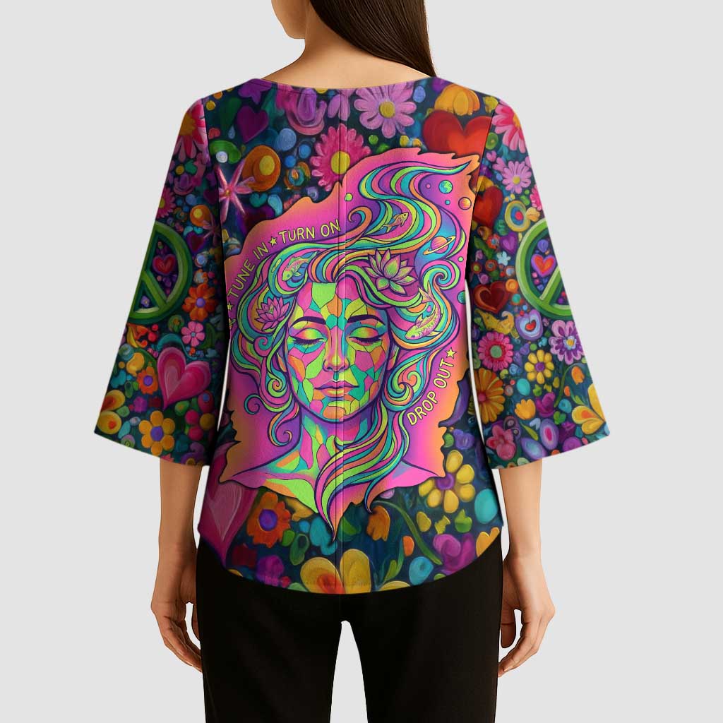 Psychedelic Visionary Woman Hippie Kimono Sleeve Blouse Tune In, Turn On, Drop Out - Flower Power Awakening