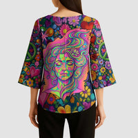 Psychedelic Visionary Woman Hippie Kimono Sleeve Blouse Tune In, Turn On, Drop Out - Flower Power Awakening
