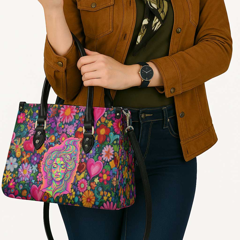 Psychedelic Visionary Woman Hippie Leather Bag Tune In, Turn On, Drop Out - Flower Power Awakening