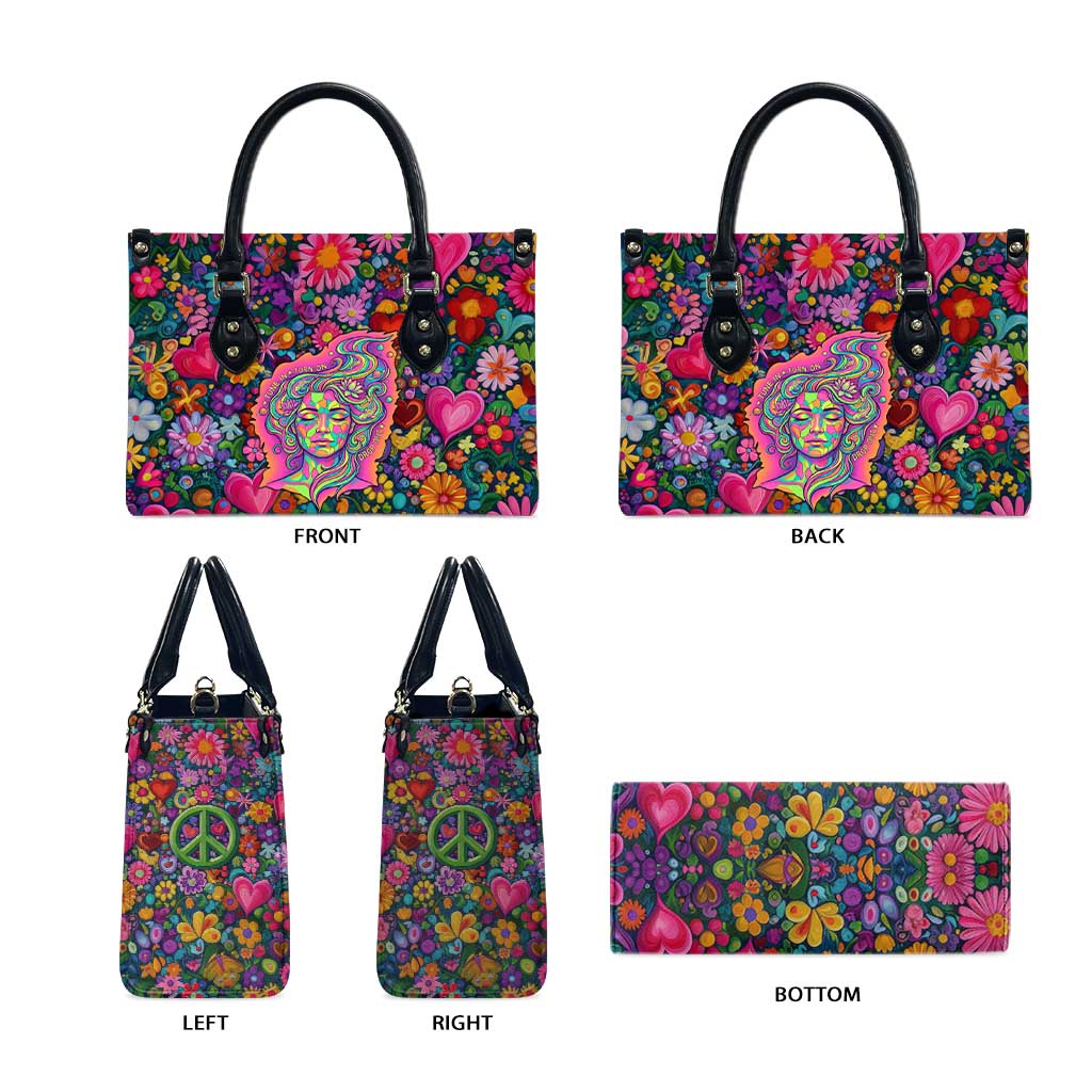 Psychedelic Visionary Woman Hippie Leather Bag Tune In, Turn On, Drop Out - Flower Power Awakening