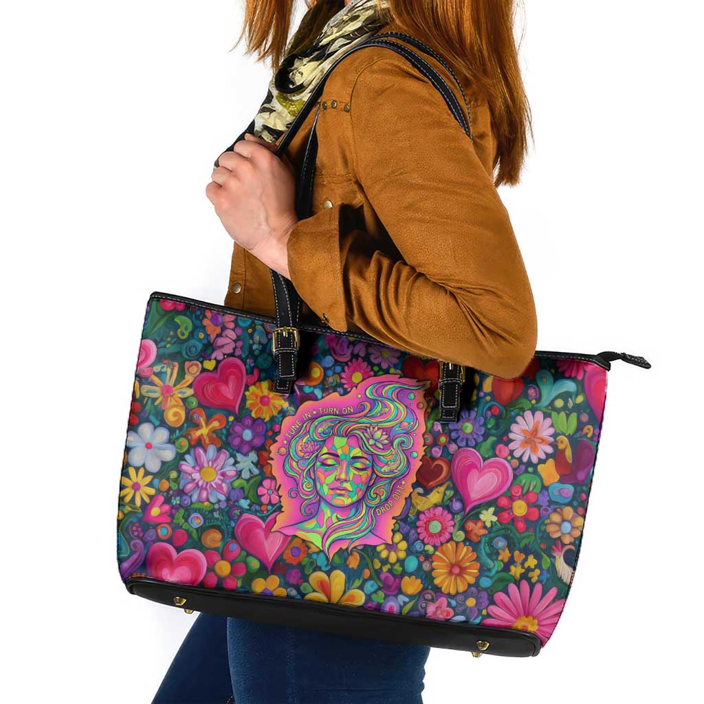 Psychedelic Visionary Woman Hippie Leather Tote Bag Tune In, Turn On, Drop Out - Flower Power Awakening