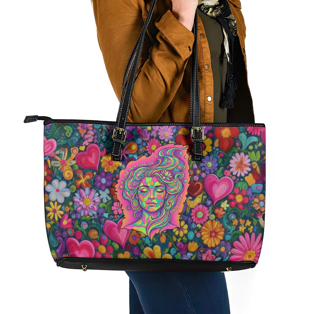 Psychedelic Visionary Woman Hippie Leather Tote Bag Tune In, Turn On, Drop Out - Flower Power Awakening