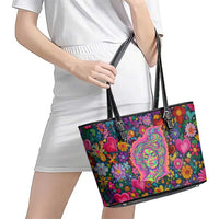 Psychedelic Visionary Woman Hippie Leather Tote Bag Tune In, Turn On, Drop Out - Flower Power Awakening