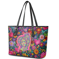 Psychedelic Visionary Woman Hippie Leather Tote Bag Tune In, Turn On, Drop Out - Flower Power Awakening