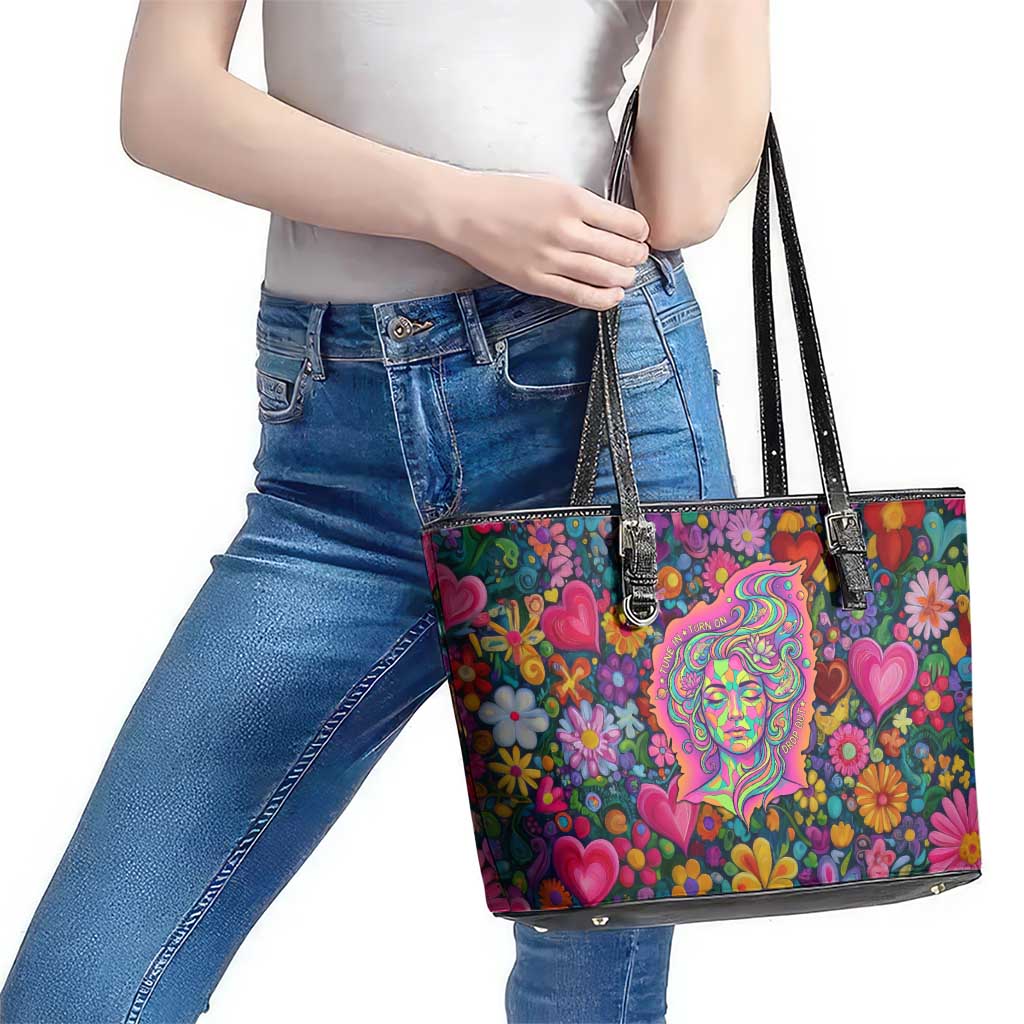 Psychedelic Visionary Woman Hippie Leather Tote Bag Tune In, Turn On, Drop Out - Flower Power Awakening