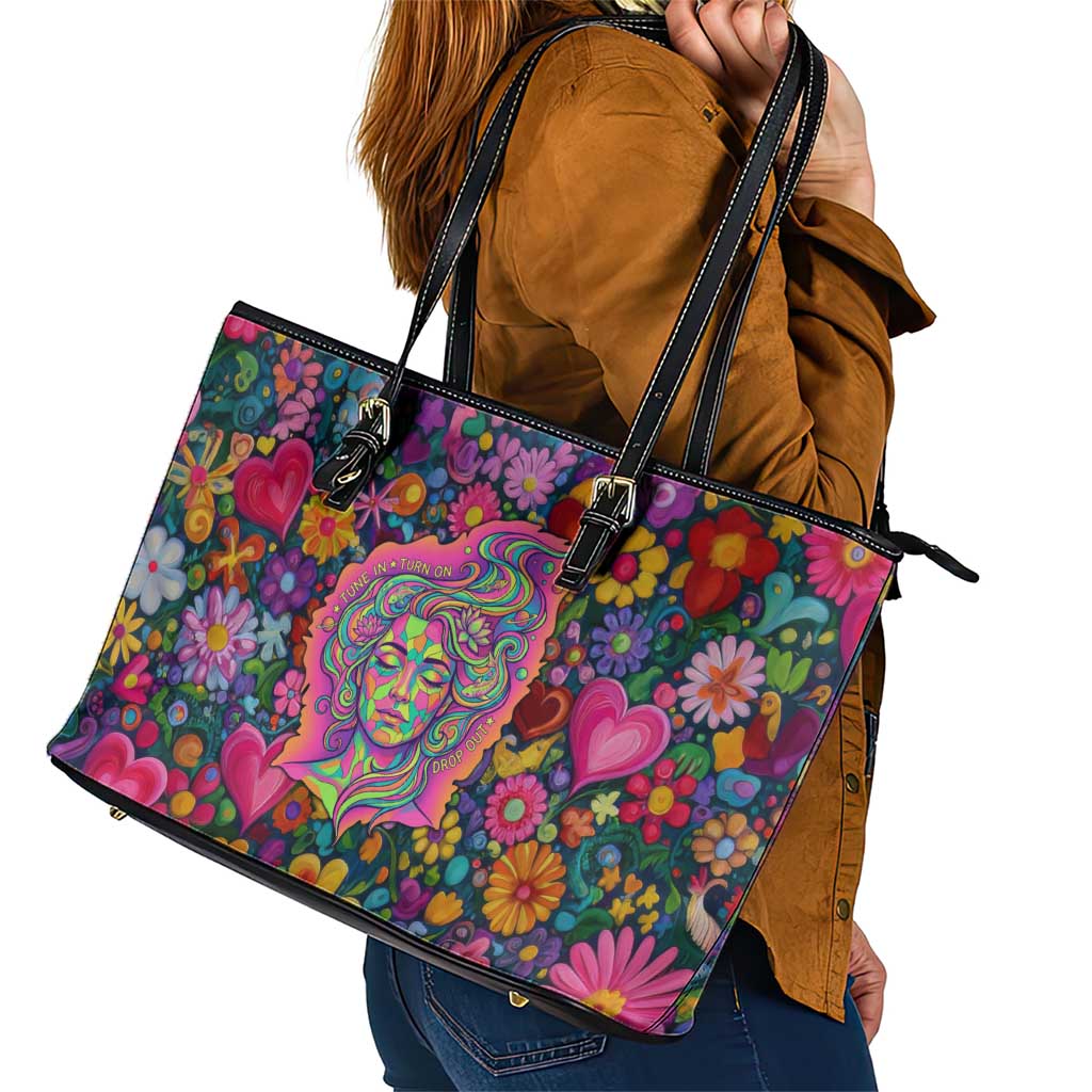 Psychedelic Visionary Woman Hippie Leather Tote Bag Tune In, Turn On, Drop Out - Flower Power Awakening
