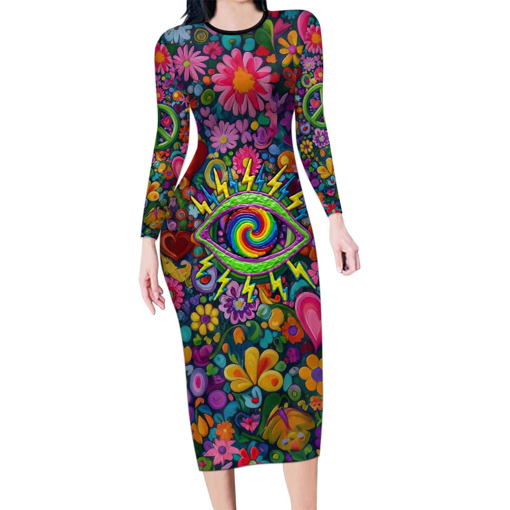 Psychedelic Visionary Woman Hippie Long Sleeve Bodycon Dress Tune In, Turn On, Drop Out - Flower Power Awakening