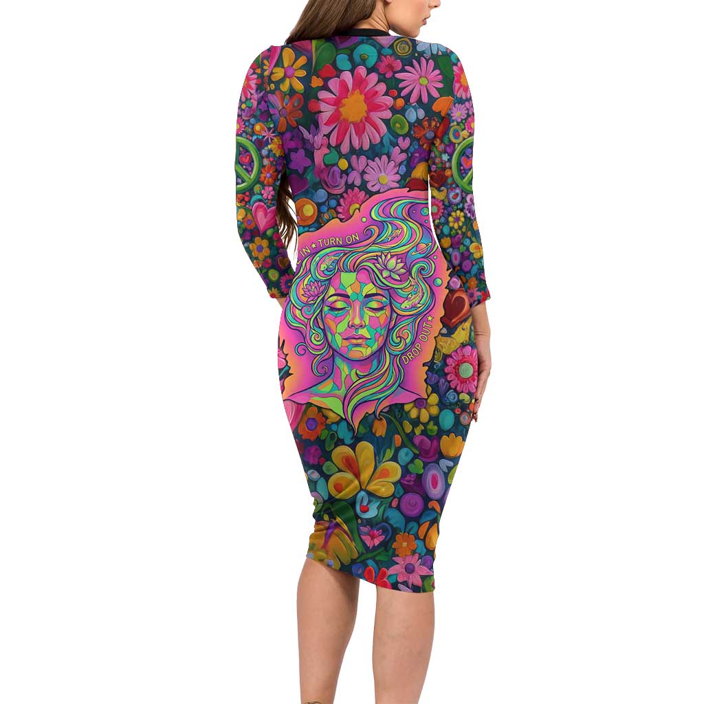 Psychedelic Visionary Woman Hippie Long Sleeve Bodycon Dress Tune In, Turn On, Drop Out - Flower Power Awakening
