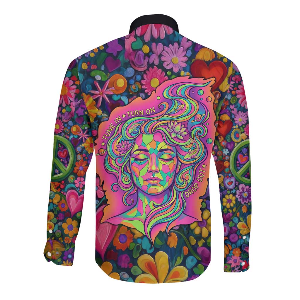 Psychedelic Visionary Woman Hippie Long Sleeve Button Shirt Tune In, Turn On, Drop Out - Flower Power Awakening