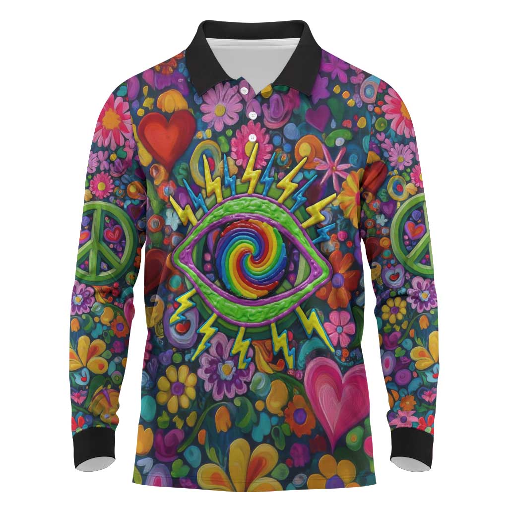 Psychedelic Visionary Woman Hippie Long Sleeve Polo Shirt Tune In, Turn On, Drop Out - Flower Power Awakening