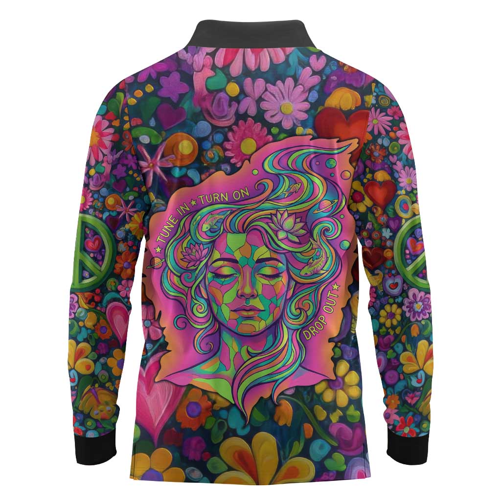 Psychedelic Visionary Woman Hippie Long Sleeve Polo Shirt Tune In, Turn On, Drop Out - Flower Power Awakening