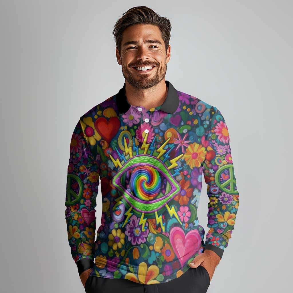 Psychedelic Visionary Woman Hippie Long Sleeve Polo Shirt Tune In, Turn On, Drop Out - Flower Power Awakening