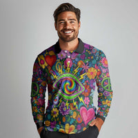 Psychedelic Visionary Woman Hippie Long Sleeve Polo Shirt Tune In, Turn On, Drop Out - Flower Power Awakening