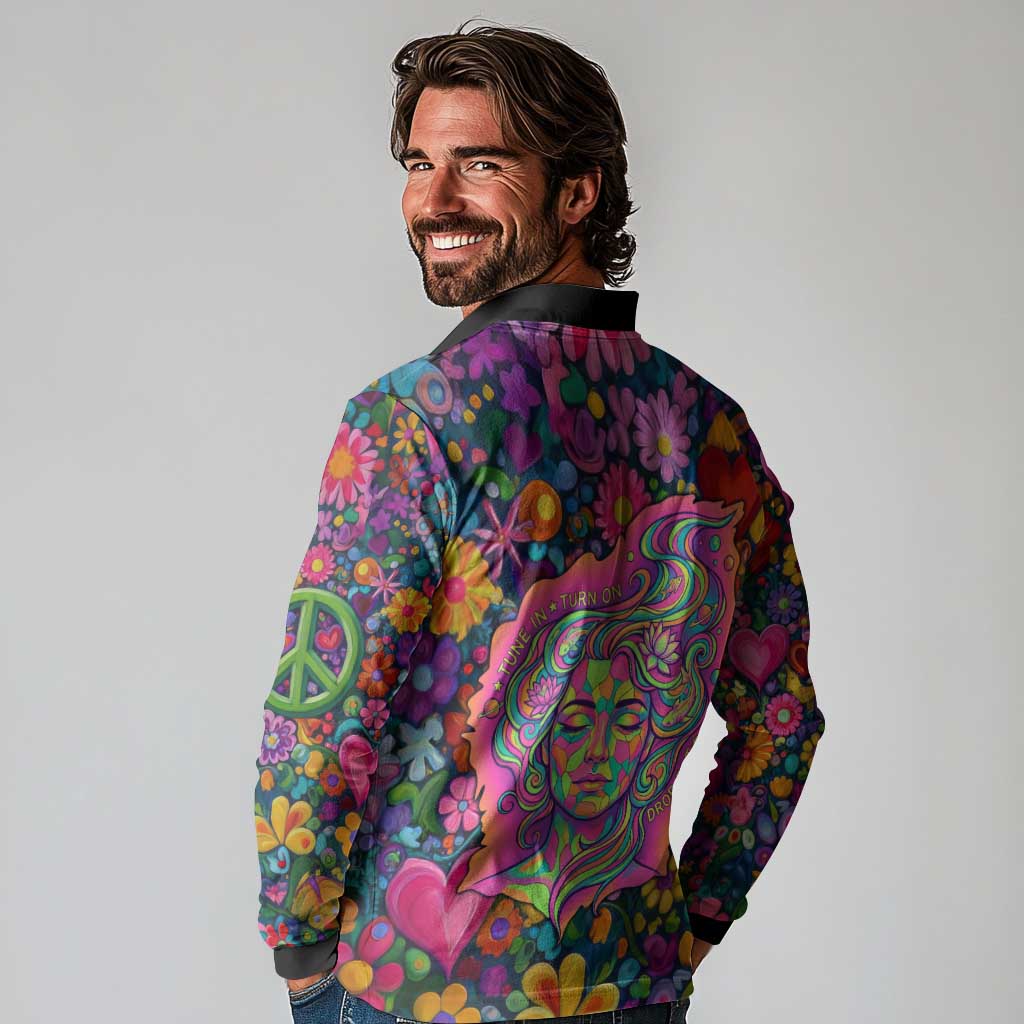 Psychedelic Visionary Woman Hippie Long Sleeve Polo Shirt Tune In, Turn On, Drop Out - Flower Power Awakening