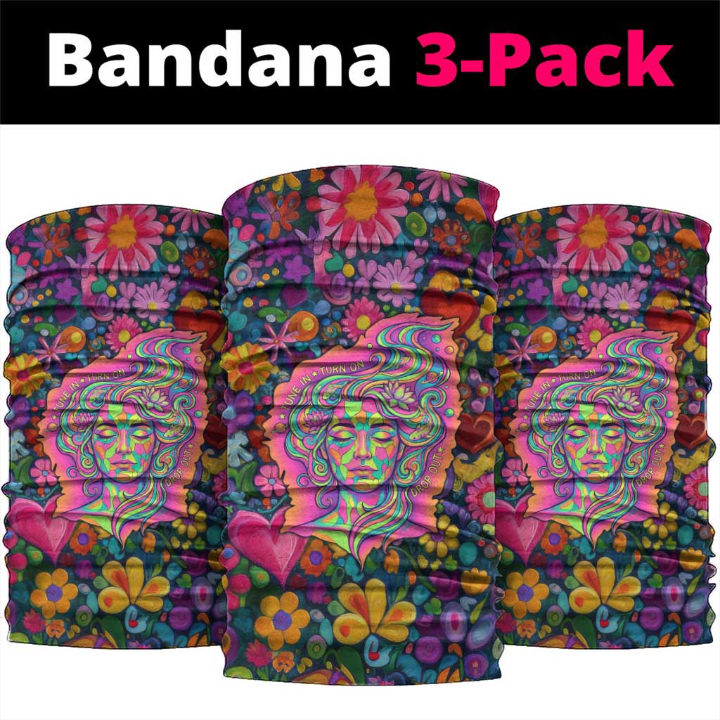 Psychedelic Visionary Woman Hippie Neck Gaiter Tune In, Turn On, Drop Out - Flower Power Awakening