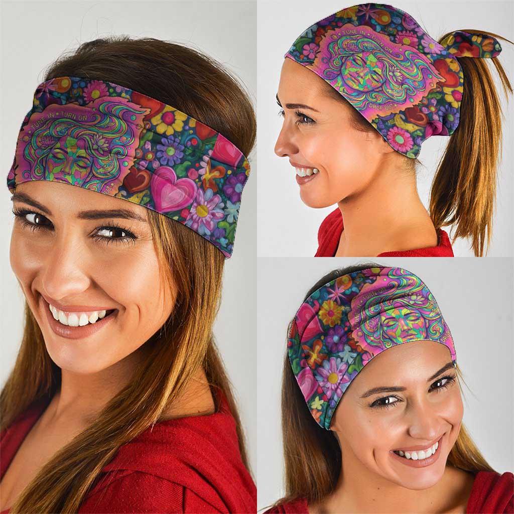 Psychedelic Visionary Woman Hippie Neck Gaiter Tune In, Turn On, Drop Out - Flower Power Awakening