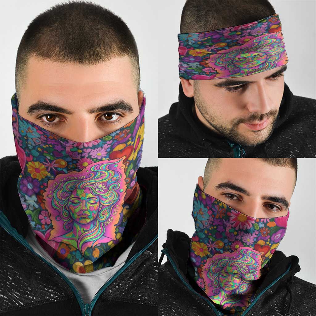 Psychedelic Visionary Woman Hippie Neck Gaiter Tune In, Turn On, Drop Out - Flower Power Awakening