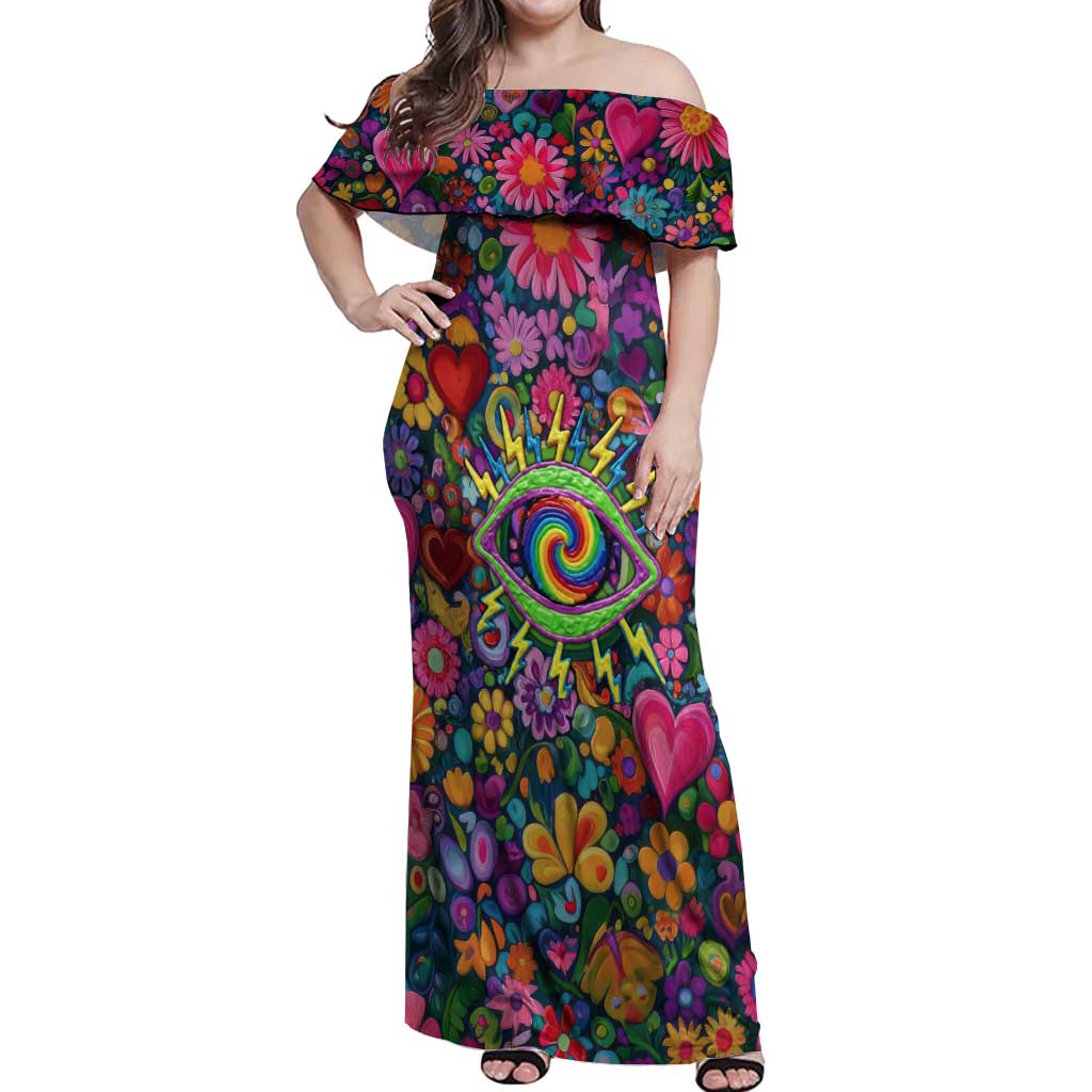 Psychedelic Visionary Woman Hippie Off Shoulder Maxi Dress Tune In, Turn On, Drop Out - Flower Power Awakening