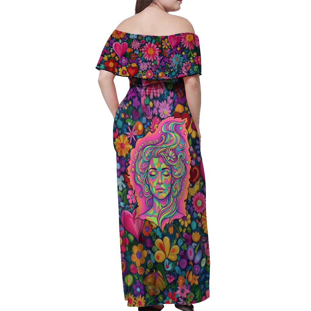 Psychedelic Visionary Woman Hippie Off Shoulder Maxi Dress Tune In, Turn On, Drop Out - Flower Power Awakening