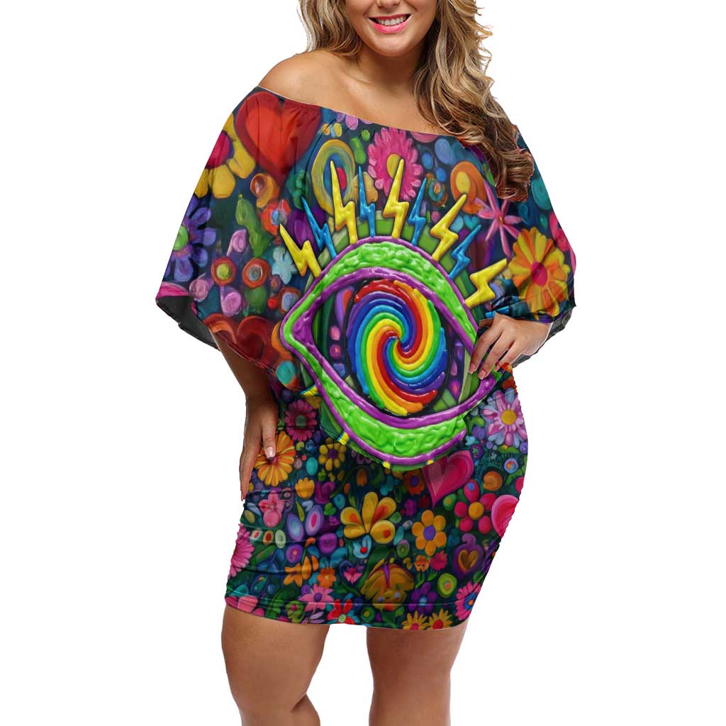 Psychedelic Visionary Woman Hippie Off Shoulder Short Dress Tune In, Turn On, Drop Out - Flower Power Awakening