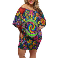 Psychedelic Visionary Woman Hippie Off Shoulder Short Dress Tune In, Turn On, Drop Out - Flower Power Awakening