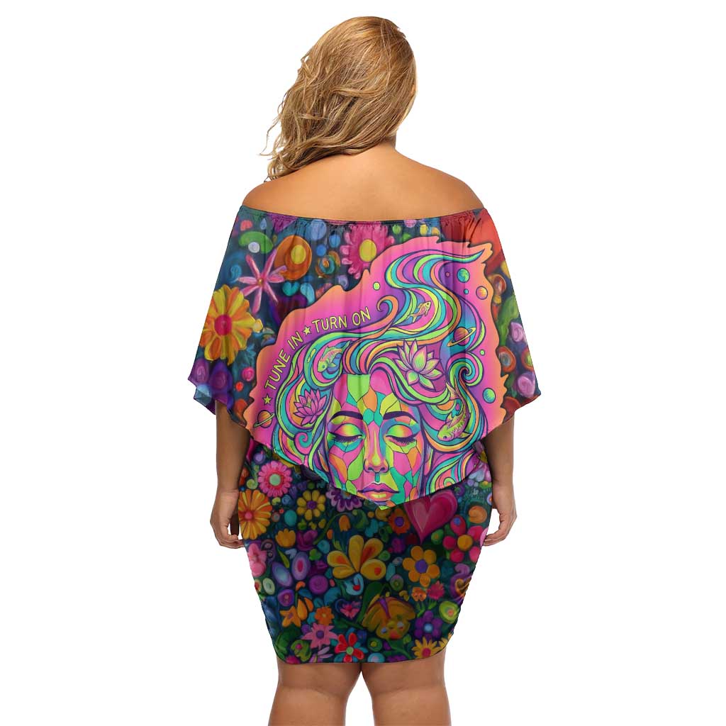 Psychedelic Visionary Woman Hippie Off Shoulder Short Dress Tune In, Turn On, Drop Out - Flower Power Awakening