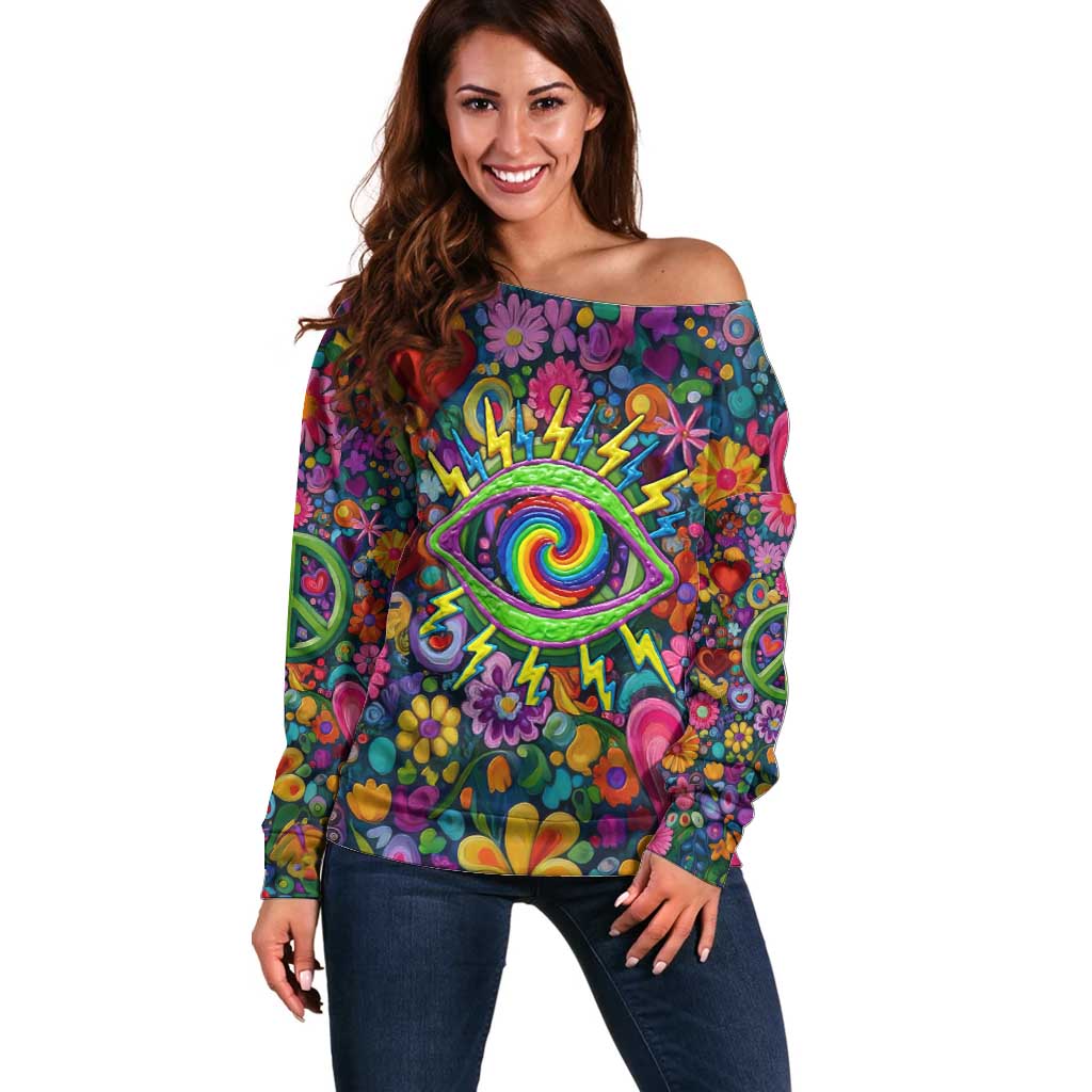 Psychedelic Visionary Woman Hippie Off Shoulder Sweater Tune In, Turn On, Drop Out - Flower Power Awakening