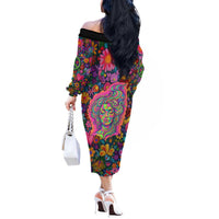 Psychedelic Visionary Woman Hippie Off The Shoulder Long Sleeve Dress Tune In, Turn On, Drop Out - Flower Power Awakening