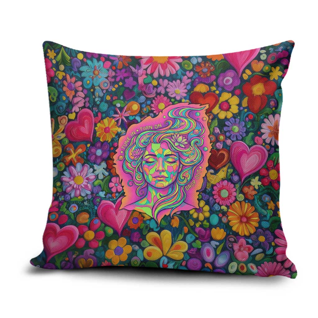 Psychedelic Visionary Woman Hippie Pillow Cover Tune In, Turn On, Drop Out - Flower Power Awakening