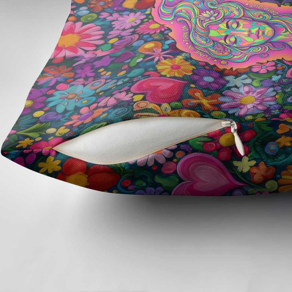 Psychedelic Visionary Woman Hippie Pillow Cover Tune In, Turn On, Drop Out - Flower Power Awakening