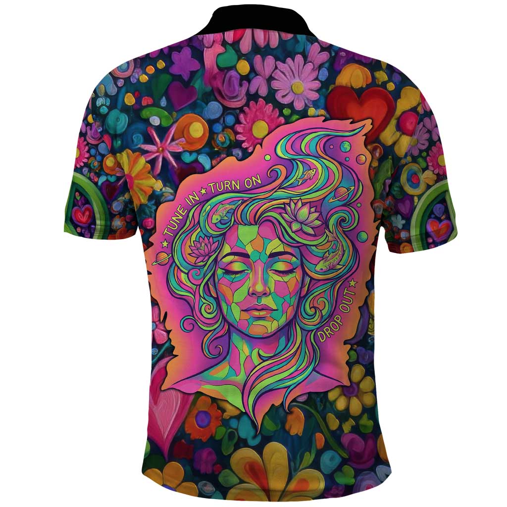 Psychedelic Visionary Woman Hippie Polo Shirt Tune In, Turn On, Drop Out - Flower Power Awakening