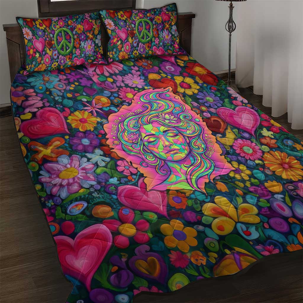 Psychedelic Visionary Woman Hippie Quilt Bed Set Tune In, Turn On, Drop Out - Flower Power Awakening