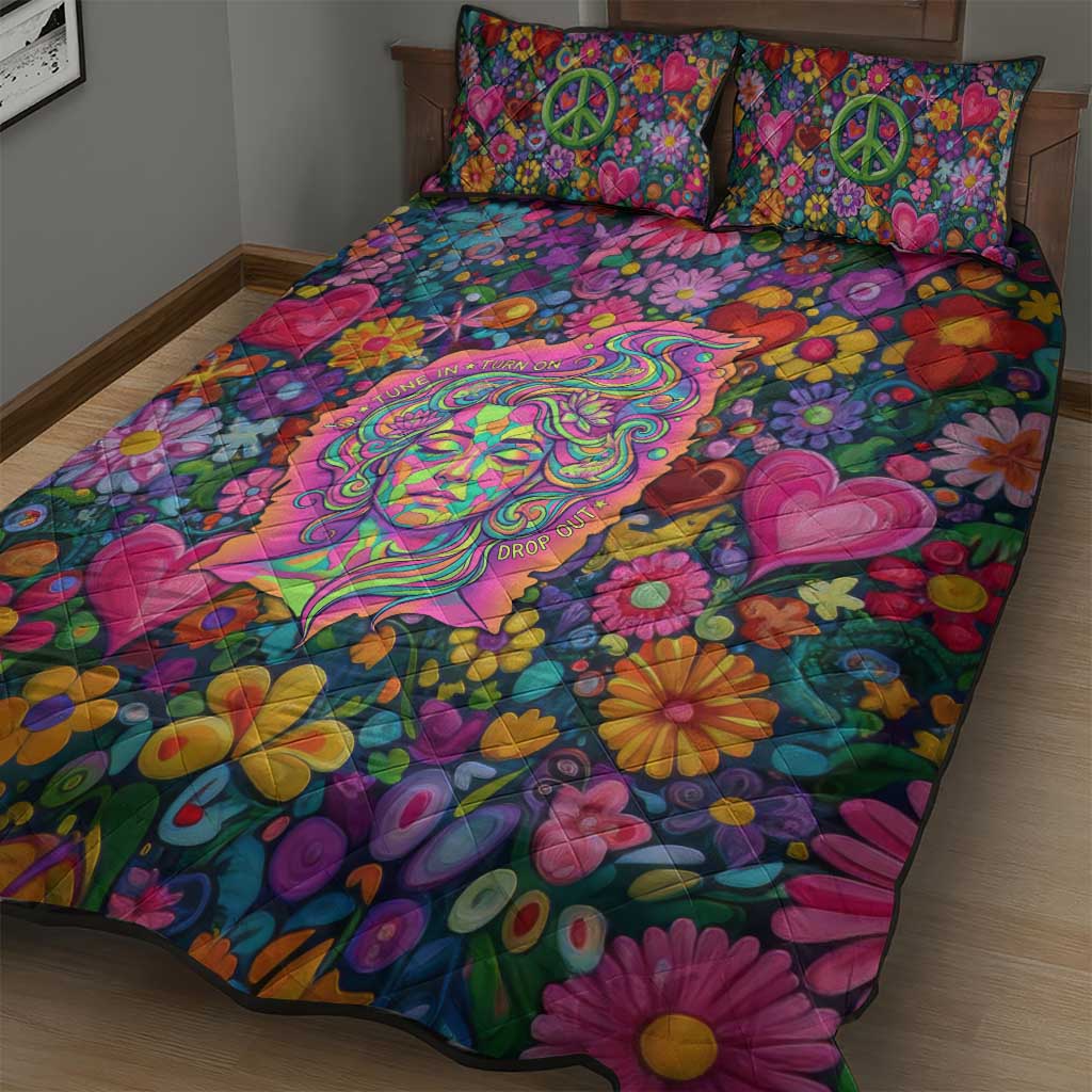 Psychedelic Visionary Woman Hippie Quilt Bed Set Tune In, Turn On, Drop Out - Flower Power Awakening