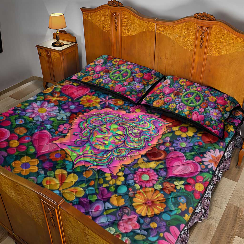 Psychedelic Visionary Woman Hippie Quilt Bed Set Tune In, Turn On, Drop Out - Flower Power Awakening