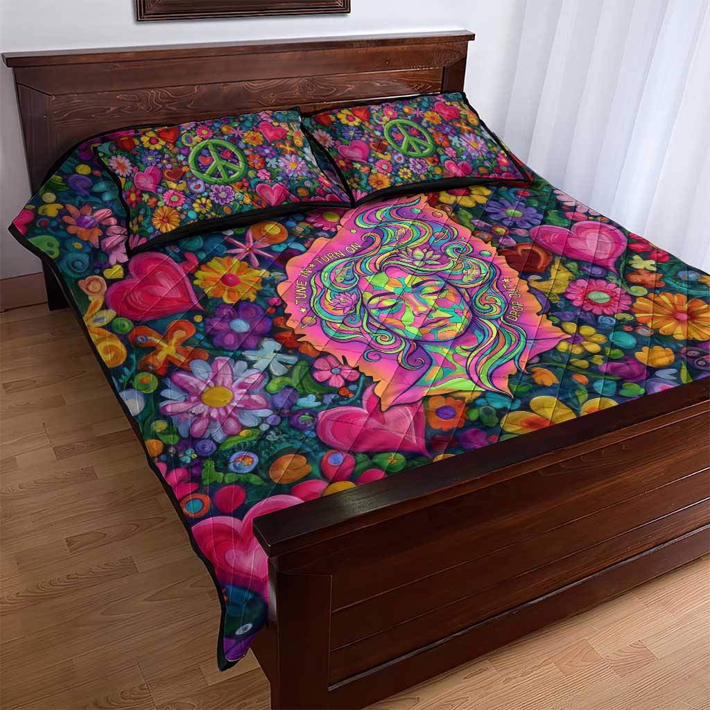 Psychedelic Visionary Woman Hippie Quilt Bed Set Tune In, Turn On, Drop Out - Flower Power Awakening
