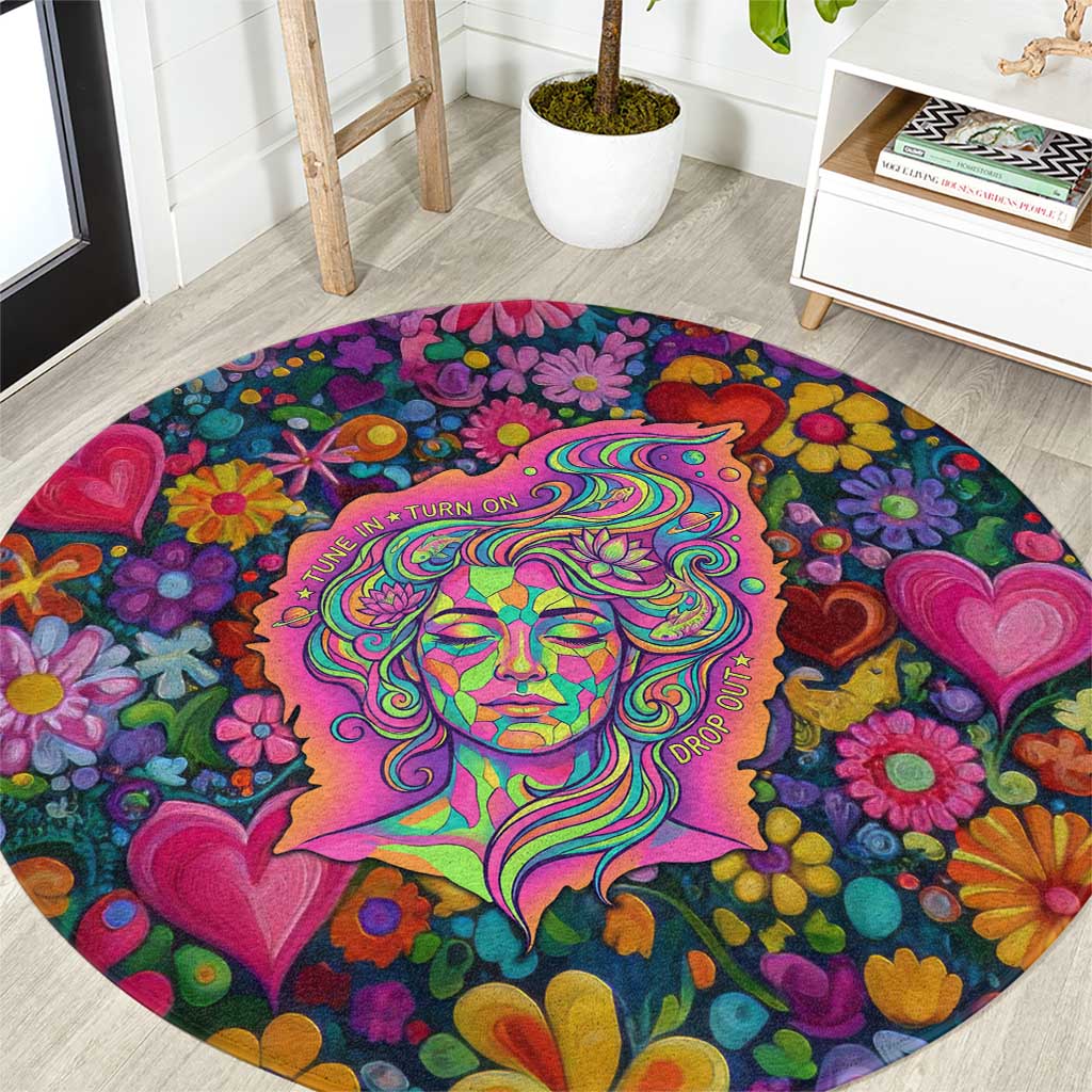 Psychedelic Visionary Woman Hippie Round Carpet Tune In, Turn On, Drop Out - Flower Power Awakening