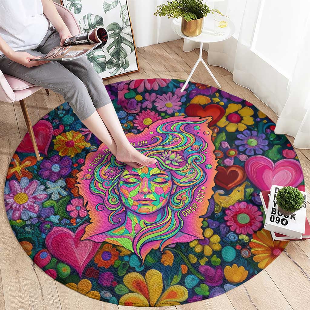 Psychedelic Visionary Woman Hippie Round Carpet Tune In, Turn On, Drop Out - Flower Power Awakening