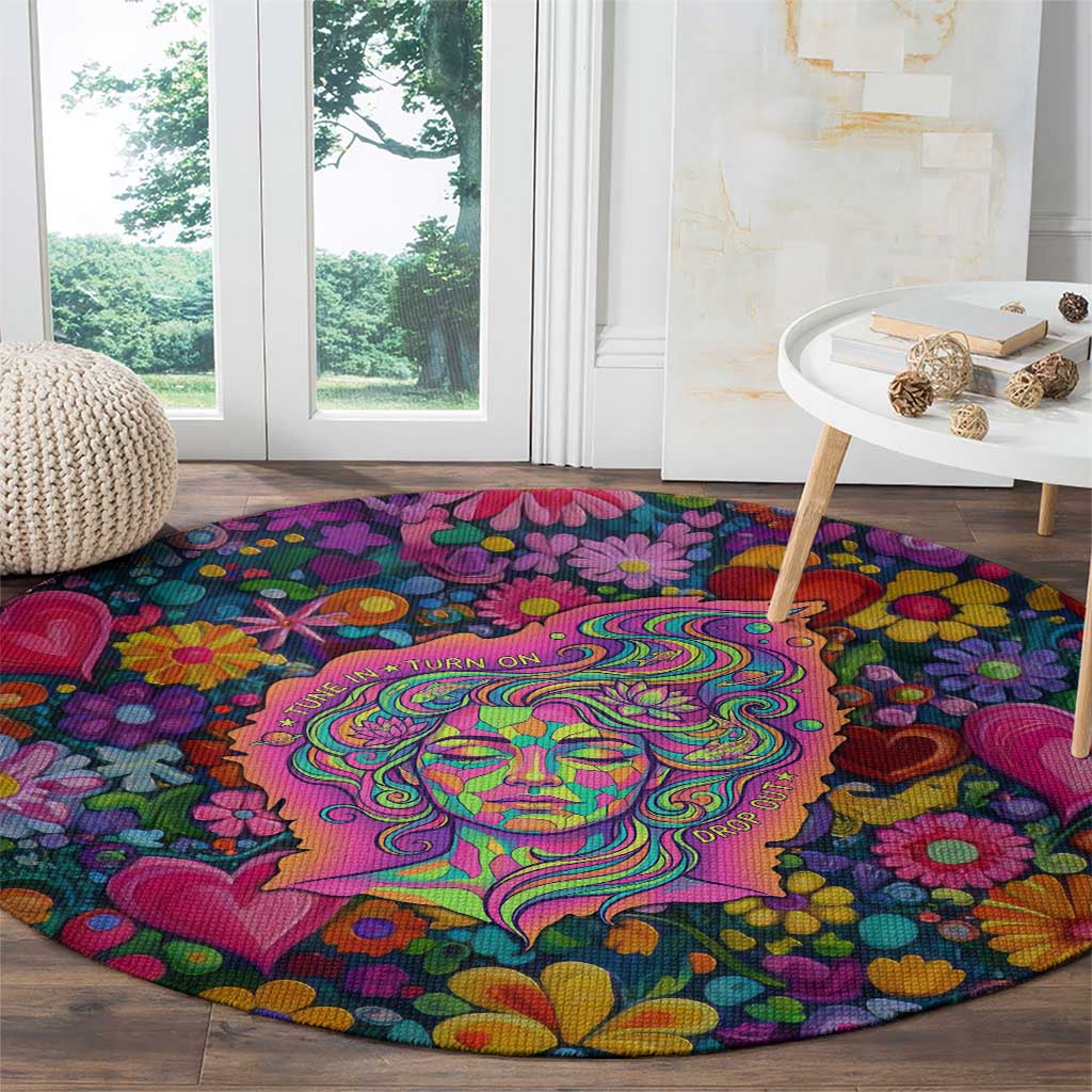 Psychedelic Visionary Woman Hippie Round Carpet Tune In, Turn On, Drop Out - Flower Power Awakening
