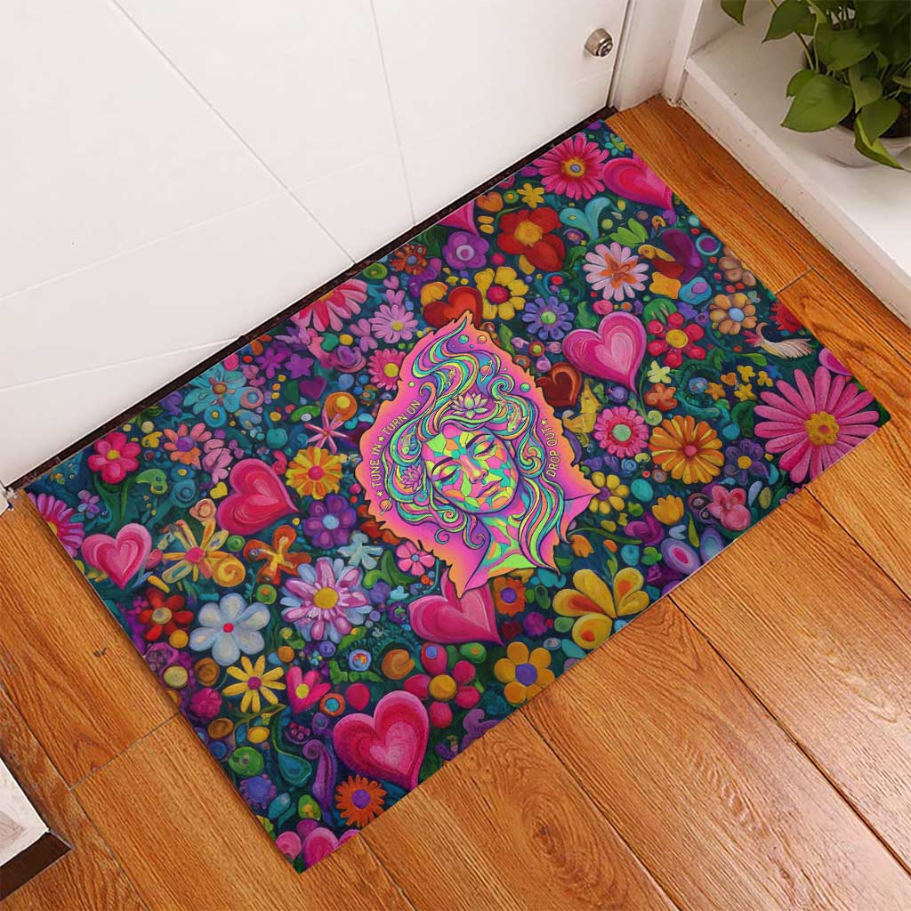Psychedelic Visionary Woman Hippie Rubber Doormat Tune In, Turn On, Drop Out - Flower Power Awakening