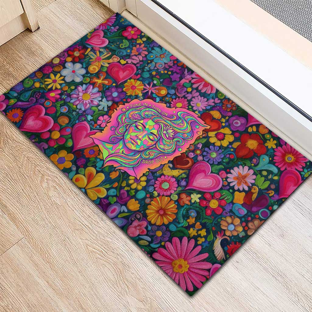 Psychedelic Visionary Woman Hippie Rubber Doormat Tune In, Turn On, Drop Out - Flower Power Awakening