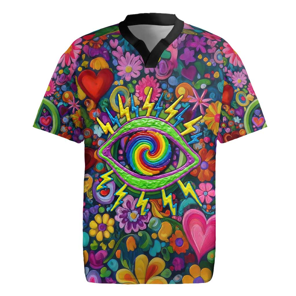 Psychedelic Visionary Woman Hippie Rugby Jersey Tune In, Turn On, Drop Out - Flower Power Awakening