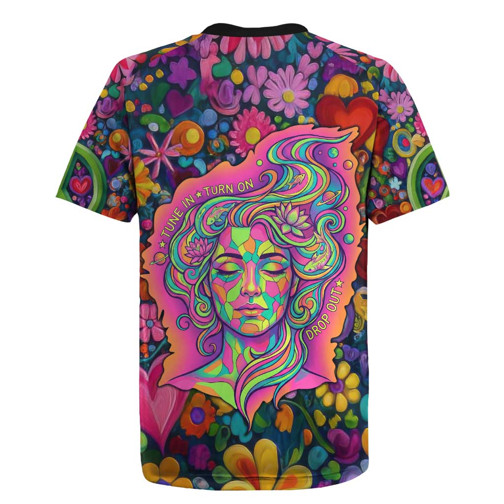Psychedelic Visionary Woman Hippie Rugby Jersey Tune In, Turn On, Drop Out - Flower Power Awakening