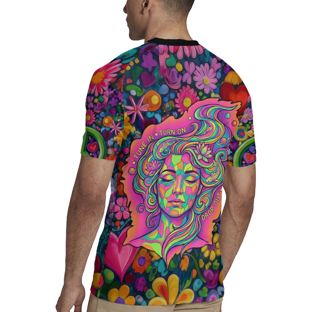 Psychedelic Visionary Woman Hippie Rugby Jersey Tune In, Turn On, Drop Out - Flower Power Awakening