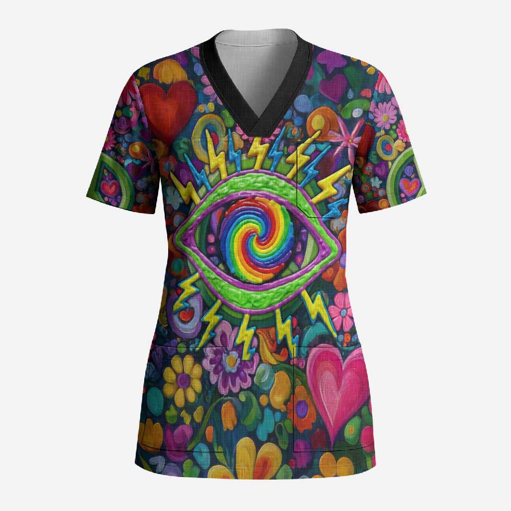 Psychedelic Visionary Woman Hippie Scrub Top Tune In, Turn On, Drop Out - Flower Power Awakening