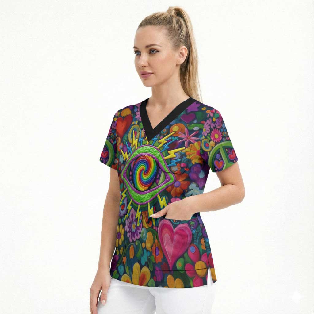 Psychedelic Visionary Woman Hippie Scrub Top Tune In, Turn On, Drop Out - Flower Power Awakening