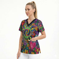 Psychedelic Visionary Woman Hippie Scrub Top Tune In, Turn On, Drop Out - Flower Power Awakening