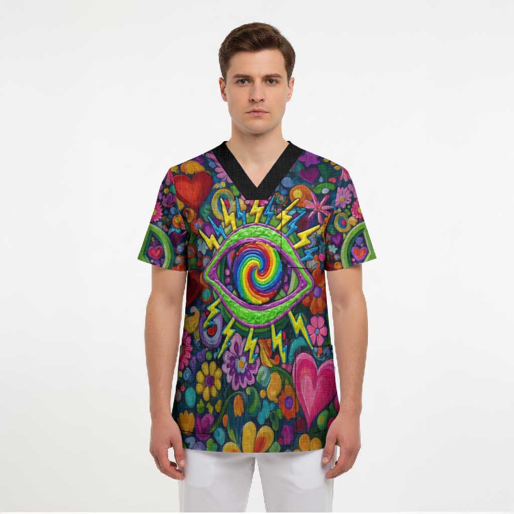 Psychedelic Visionary Woman Hippie Scrub Top Tune In, Turn On, Drop Out - Flower Power Awakening